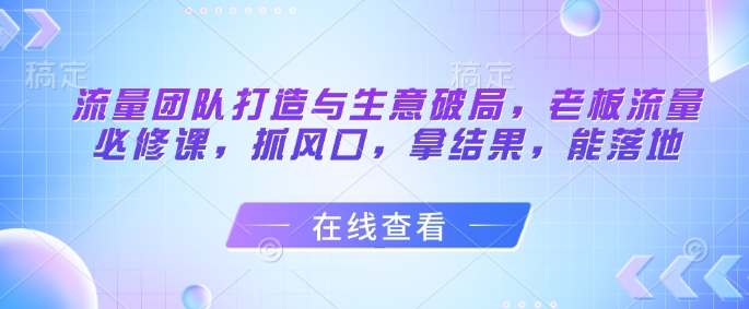 流量团队打造与生意破局，老板流量必修课，抓风口，拿结果，能落地-极速网创