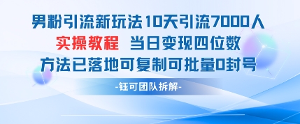 男粉引流新玩法10天引流7000人当日变现四位数可复制可批量0封号-极速网创