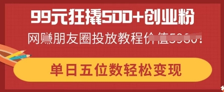 99元狂撬500+创业粉，单日五位数轻松变现，网创朋友圈投放教程-极速网创