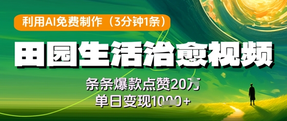 利用AI免费制作田园生活治愈视频，条条爆款点赞20W，单日变现几张-极速网创