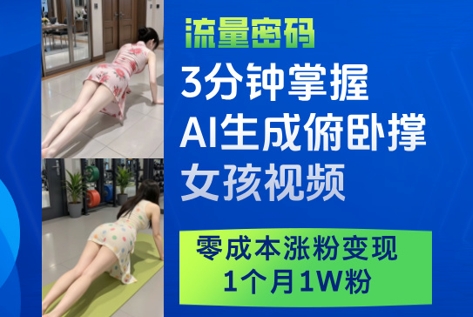 3分钟掌握AI生成俯卧撑女孩视频，零成本涨粉变现，1个月1W粉-极速网创