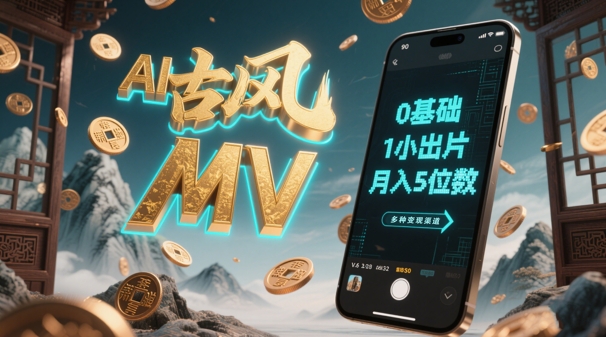 AI一键生成古风音乐MV，0剪辑基础1小时出片，多种变现渠道，一部手机月入5位数-极速网创
