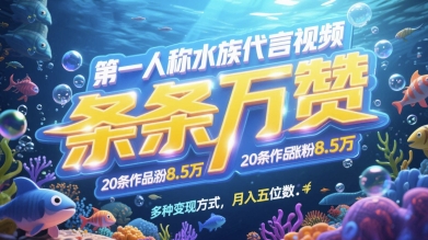 第一人称水族代言视频，条条万赞，20条作品涨粉7.8W，多种变现方式月入五位数-极速网创