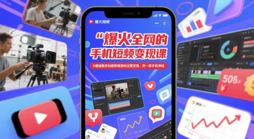 爆火全网的手机短视频变现课，0基础教你拍摄剪辑涨粉运营变现，用一部手机挣钱-极速网创