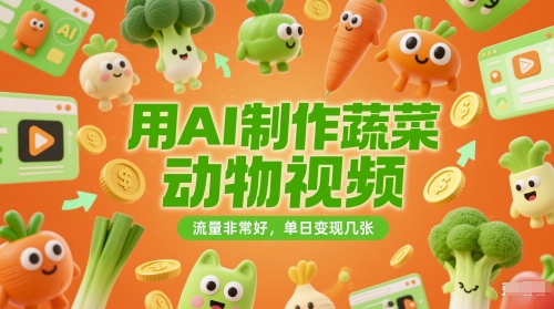 用AI制作蔬菜动物视频，流量非常好，单日变现几张-极速网创