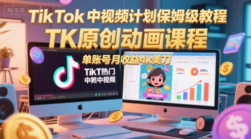 TikTok中视频计划保姆级教程，TK原创动画课程，单账号月收益4k美刀-极速网创