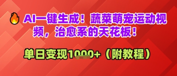 AI一键生成！蔬菜萌宠运动视频，治愈系的天花板！单日变现多张-极速网创