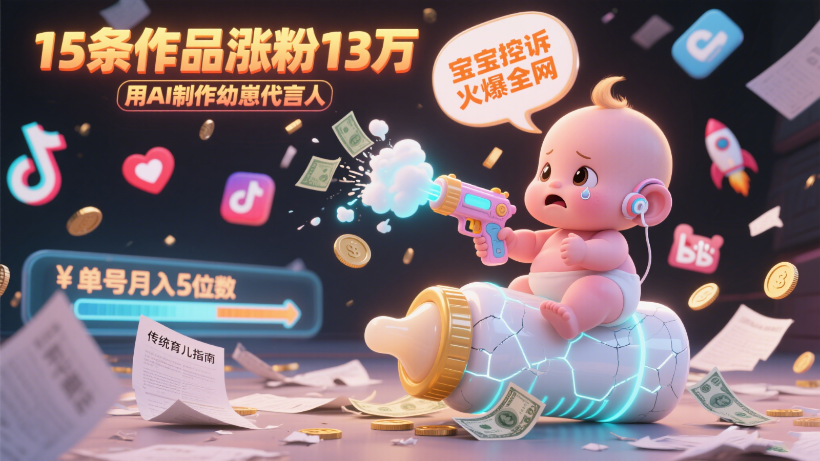 用AI制作幼崽代言人，宝宝的控诉火爆全网，15条作品涨粉13万，单号月入5位数实操教程-极速网创