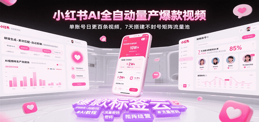 小红书AI全自动量产爆款视频，单账号日更百条视频，7天搭建不封号矩阵流量池-极速网创
