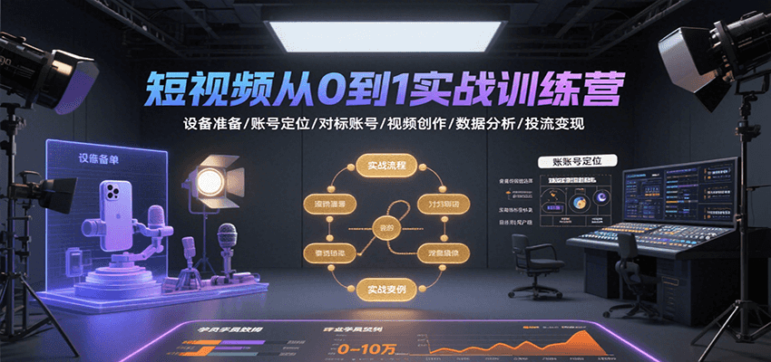 短视频从0到1实战训练营：设备准备/账号定位/对标账号/视频创作/数据分析/投流变现-极速网创