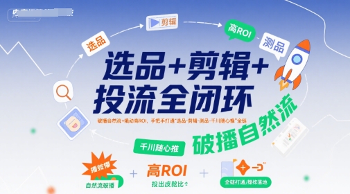 选品+剪辑+投流全闭环，破播自然流+撬动高ROI，手把手打通“选品-剪辑-测品-千川随心推”全链-极速网创