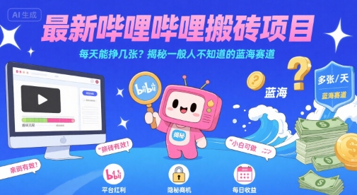 最新哔哩哔哩上B站搬砖项目，每天能挣几张？揭秘一般人不知道的蓝海赛道-极速网创