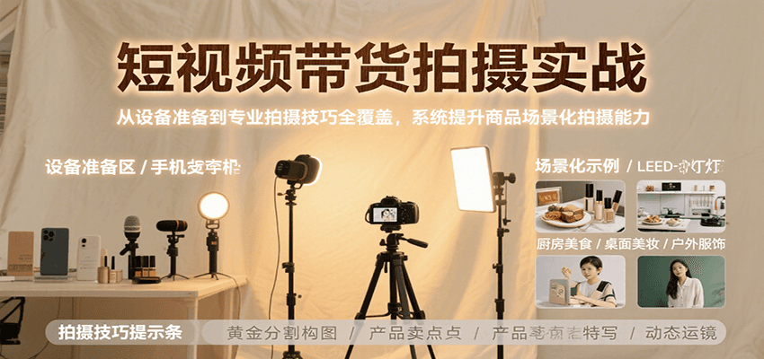 短视频带货拍摄实战，从设备准备到专业拍摄技巧全覆盖，系统提升商品场景化拍摄能力-极速网创