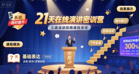 21天在线演讲密训营，王牌演讲招商课程系统-极速网创