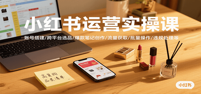 小红书运营实操课，账号搭建/跨平台选品/爆款笔记创作/流量获取/批量操作/违规处理等-极速网创