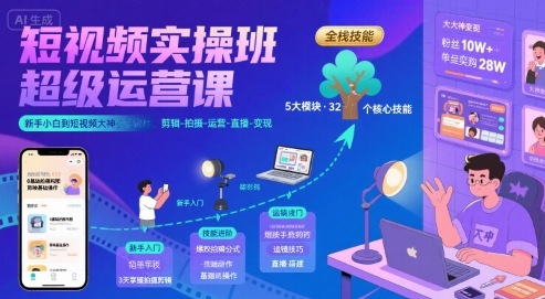 短视频实操班超级运营课，新手小白到短视频大神必修课程，剪辑-拍摄-运营-直播-变现-极速网创