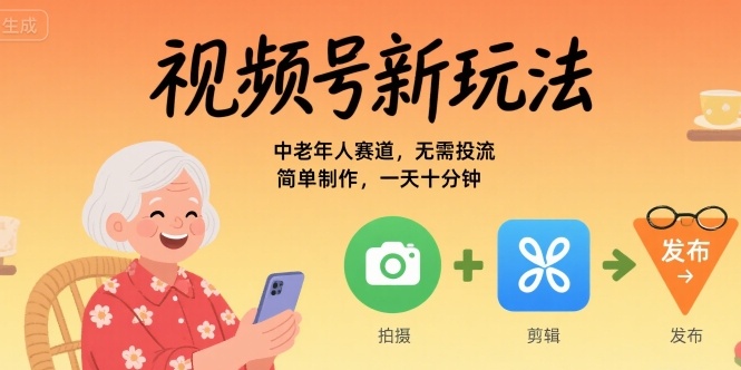 视频号新玩法，中老年人赛道，无需投流，简单制作，一天十分钟，月入1W-极速网创
