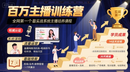 百万主播训练营，全网第一个最实战系统主播培养课程-极速网创