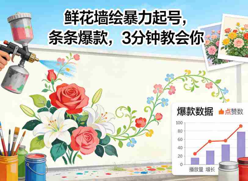 鲜花墙绘暴力起号，条条爆款，3分钟教会你-极速网创