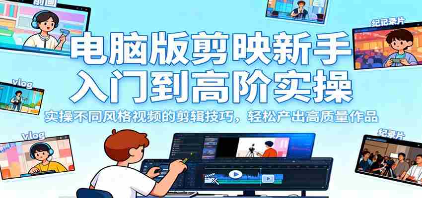电脑版剪映新手入门到高阶实操，实操不同风格视频的剪辑技巧，轻松产出高质量作品-极速网创
