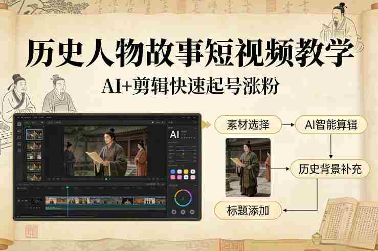 历史人物故事短视频教学，AI+剪辑制作历史人物题材短视频，快速起号涨粉-极速网创
