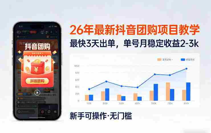 26年最新抖音团购项目教学，0门槛，最快3天出单，单号月稳定收益2-3k-极速网创