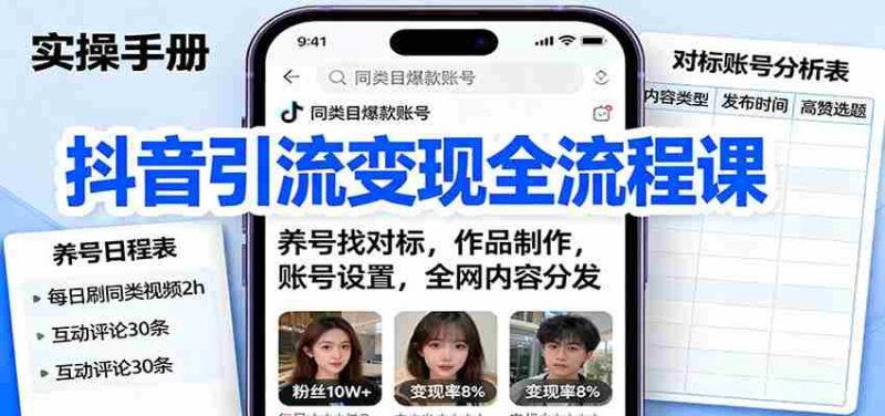 抖音引流变现全流程课：养号找对标，作品制作，账号设置，全网内容分发-极速网创