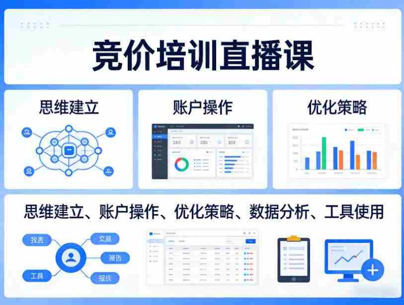 竞价培训直播课，覆盖思维建立、账户操作、优化策略、数据分析、工具使用等，全方位提升效果-极速网创