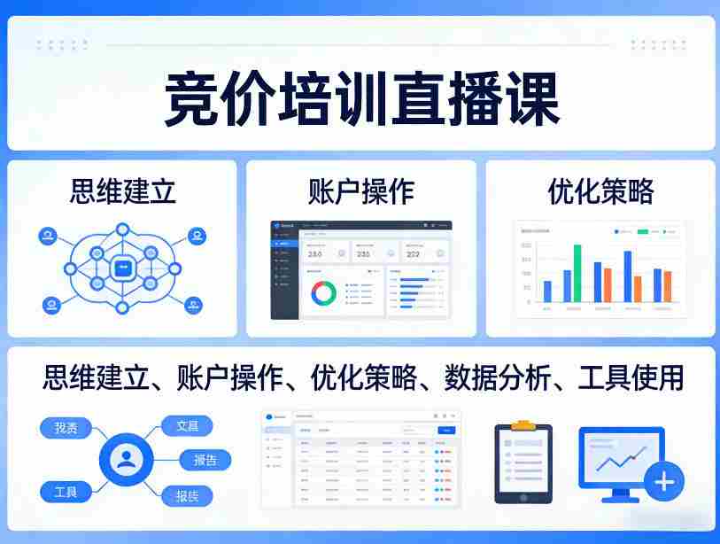 竞价培训直播课,覆盖思维建立、账户操作、优化策略、数据分析、工具使用等,全方位提升效果