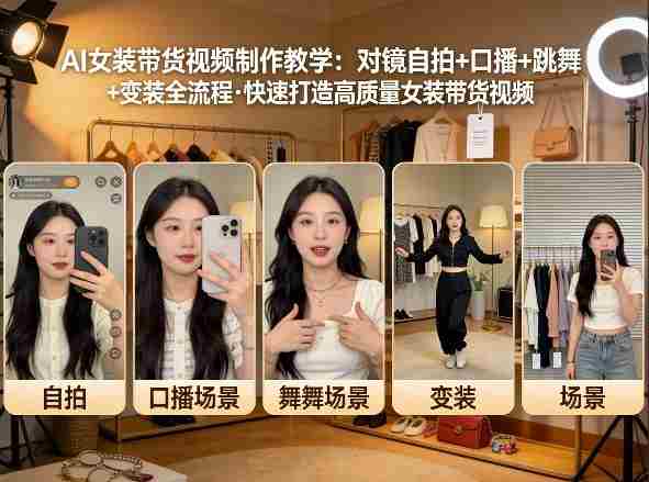 AI女装带货视频制作教学,对镜自拍、口播、跳舞、变装全流程,快速打造高质量女装带货视频-极速网创