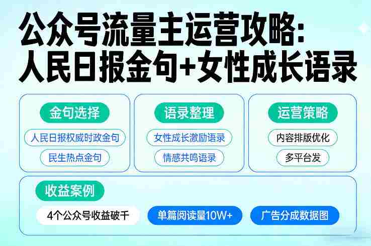 利用人民日报金句+女性成长语录做公众号流量主，4个公众号收益破千-极速网创