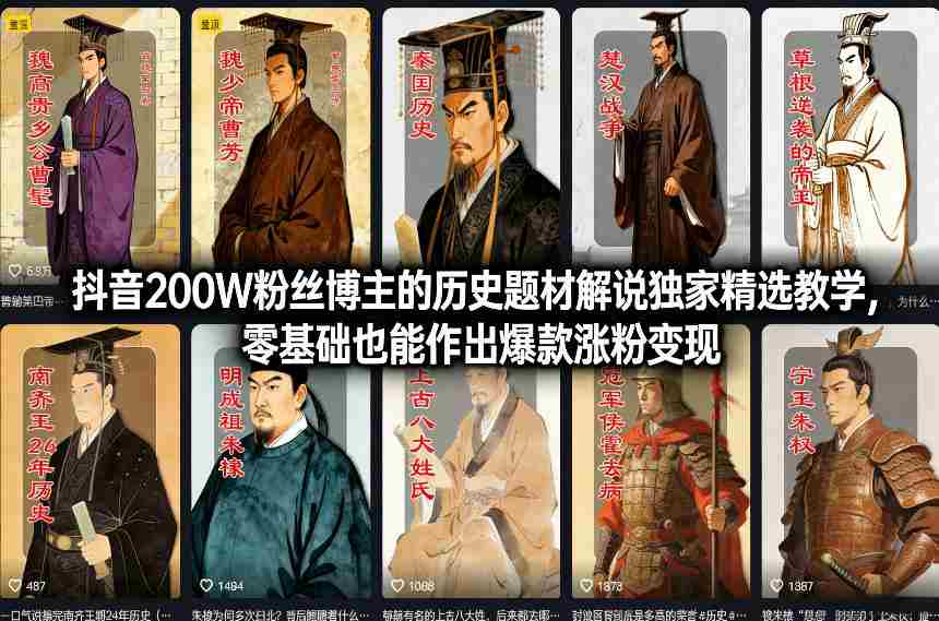 抖音200W粉丝博主的历史题材解说独家精选教学，零基础也能作出爆款涨粉变现-极速网创