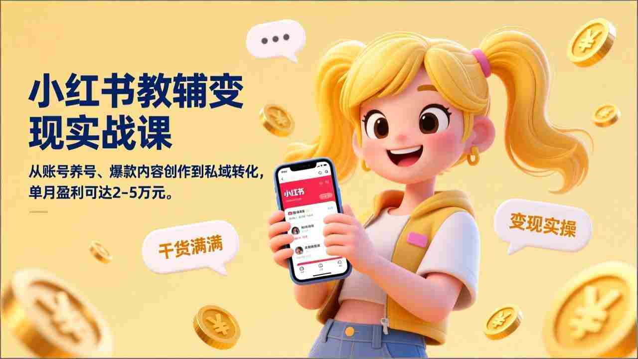 （17334期）小红书教辅变现实战课，从账号养号、爆款内容创作到私域转化，单月盈利可达2-5万元-极速网创