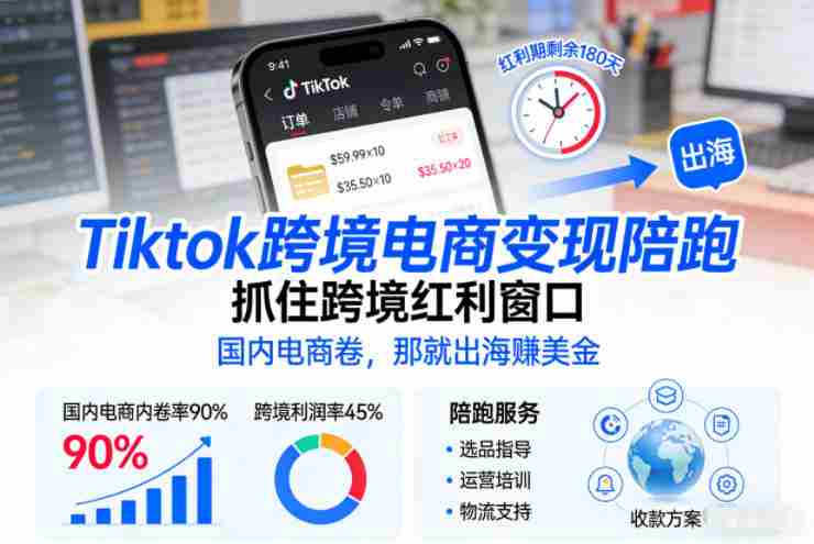 Tiktok跨境电商变现陪跑，抓住跨境红利窗口，国内电商卷，那就出海賺美金-极速网创