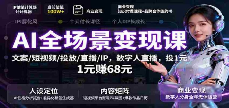 AI全场景变现课：文案/短视频/投放/直播/IP，数字人直播，投1元赚68元-极速网创