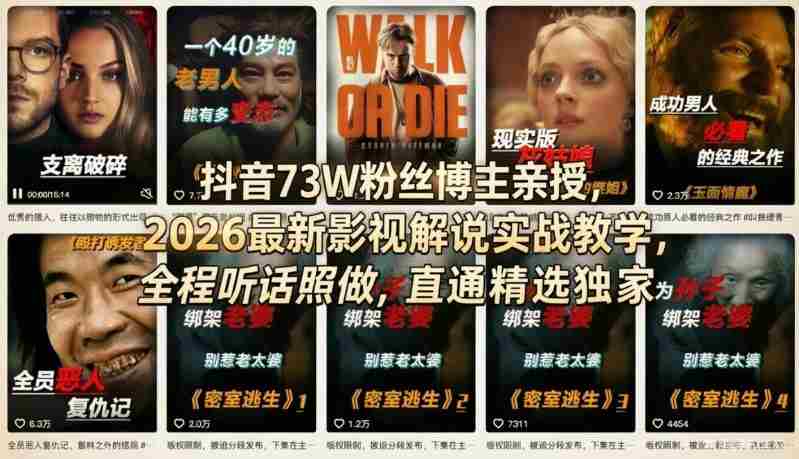 抖音73W粉丝博主亲授，2026最新影视解说实战教学，全程听话照做，直通精选独家-极速网创