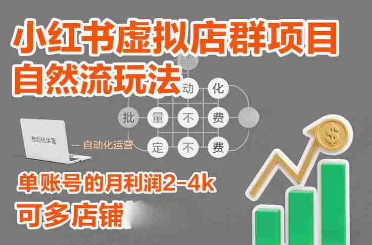 小红书虚拟店群项目，自然流玩法，批量自动化，稳定不费号，单账号的月利润2-4k，可多店矩阵-极速网创