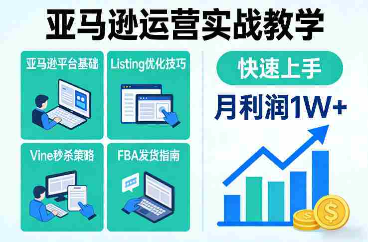 亚马逊运营实战教学，亚马逊平台+Listing优化+Vine秒杀+FBA发货等，快速上手，实现店铺月利润1W-极速网创
