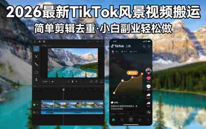 （18001期）2026最新TikTok风景视频搬运简单剪辑去重小白副业月入 8000-极速网创