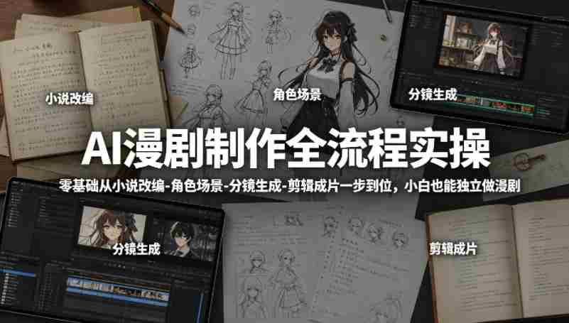 AI漫剧制作全流程实操，零基础从小说改编-角色场景-分镜生成-剪辑成片一步到位，小白也能独立做漫剧-极速网创