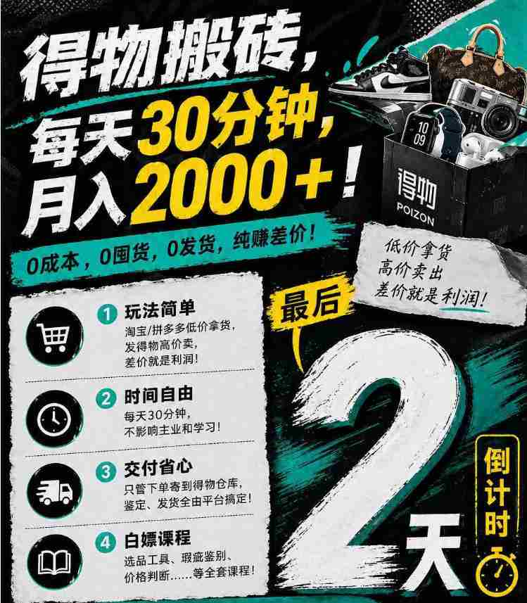 得物搬砖，0成本起步每天30分钟，月入2000+，0成本，0囤货，0发货，纯賺差价-极速网创