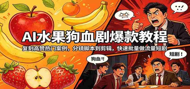 AI水果狗血剧爆款教程:复刻高赞热门案例,分镜脚本到剪辑,快速批量做流量短剧-极速网创