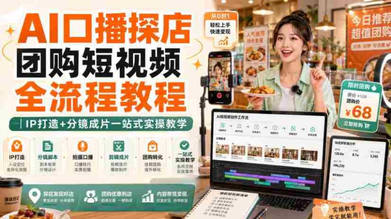 AI口播探店团购短视频全流程教程|IP打造+分镜成片一站式实操教学-极速网创