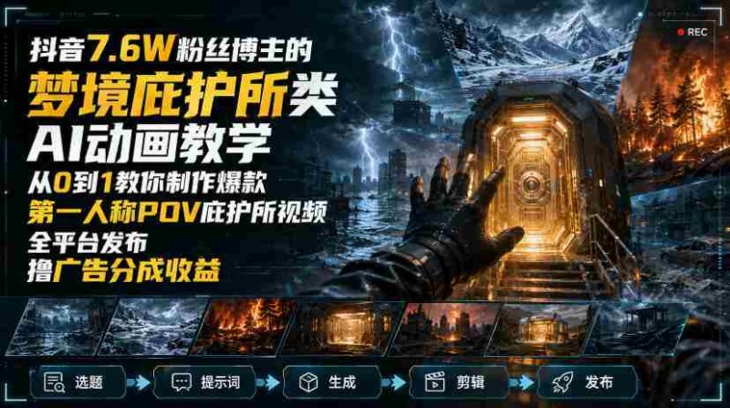 抖音7.6W粉丝博主的梦境庇护所类AI动画教学,从0到1教你制作爆款第一人称POV庇护所视频,全平台发布撸广告分成收益-极速网创