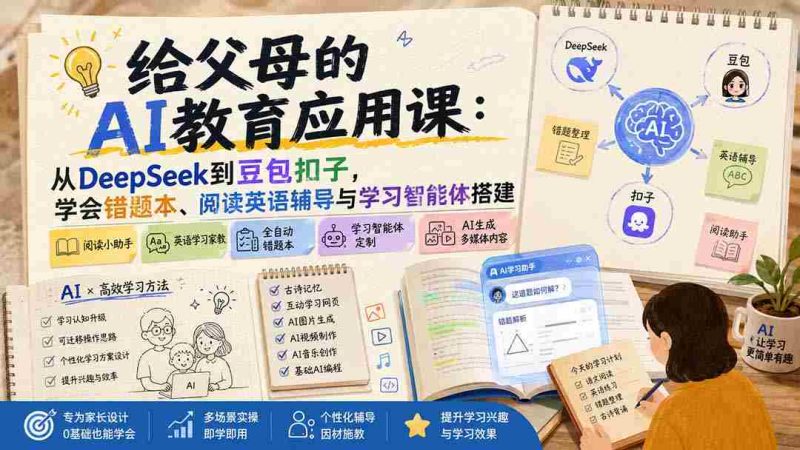 (19890期)给父母的AI教育应用课:从DeepSeek到豆包扣子,学会错题本、阅读英语辅导与学习智能体搭建-极速网创