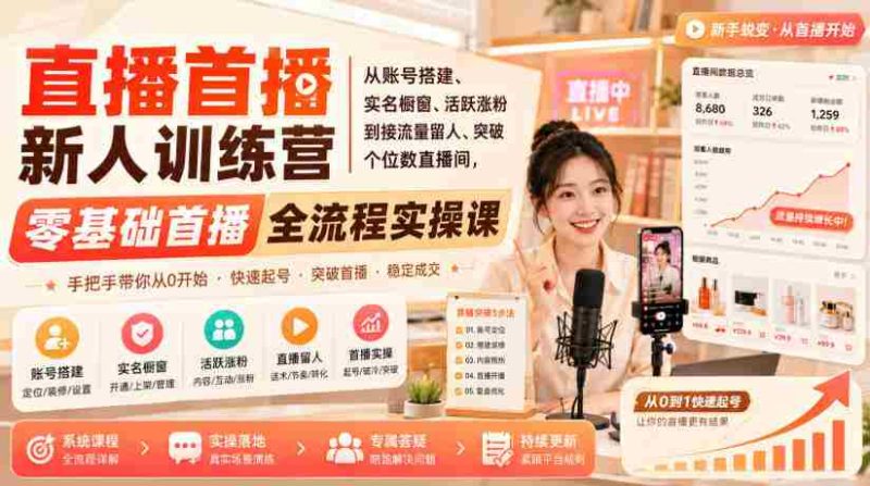 直播首播新人训练营|从账号搭建、实名橱窗、活跃涨粉到接流量留人、突破个位数直播间,零基础首播全流程实操课-极速网创