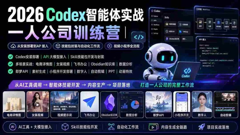 (19876期)2026Codex智能体实战|一人公司训练营|从安装部署到API接入|技能包封装与自动化工作流|视频小程序全流程-极速网创