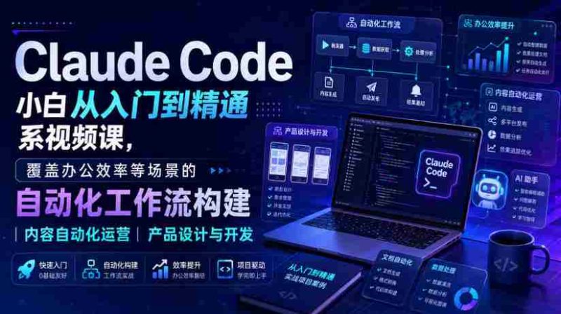 Claude Code小白从入门到精通系视频课,覆盖办公效率等场景的自动化工作流构建|内容自动化运营|产品设计与开发-极速网创
