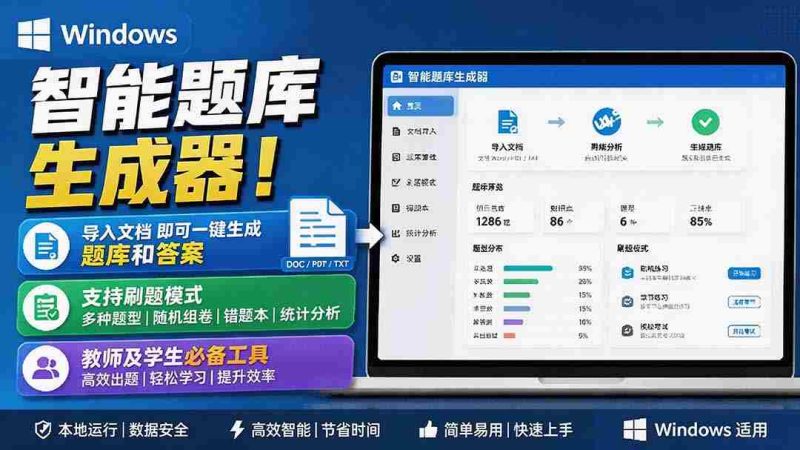 (19855期)Windows 智能题库刷题软件!导入文档一键生成题库和答案,并支持刷题模式,教师及学生必备工具 原创-极速网创