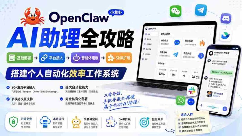 (19889期)OpenClaw小龙虾 AI助理全攻略:基础部署→平台接入→智能体定制→Skill扩展,搭建个人自动化效率工作系统-极速网创